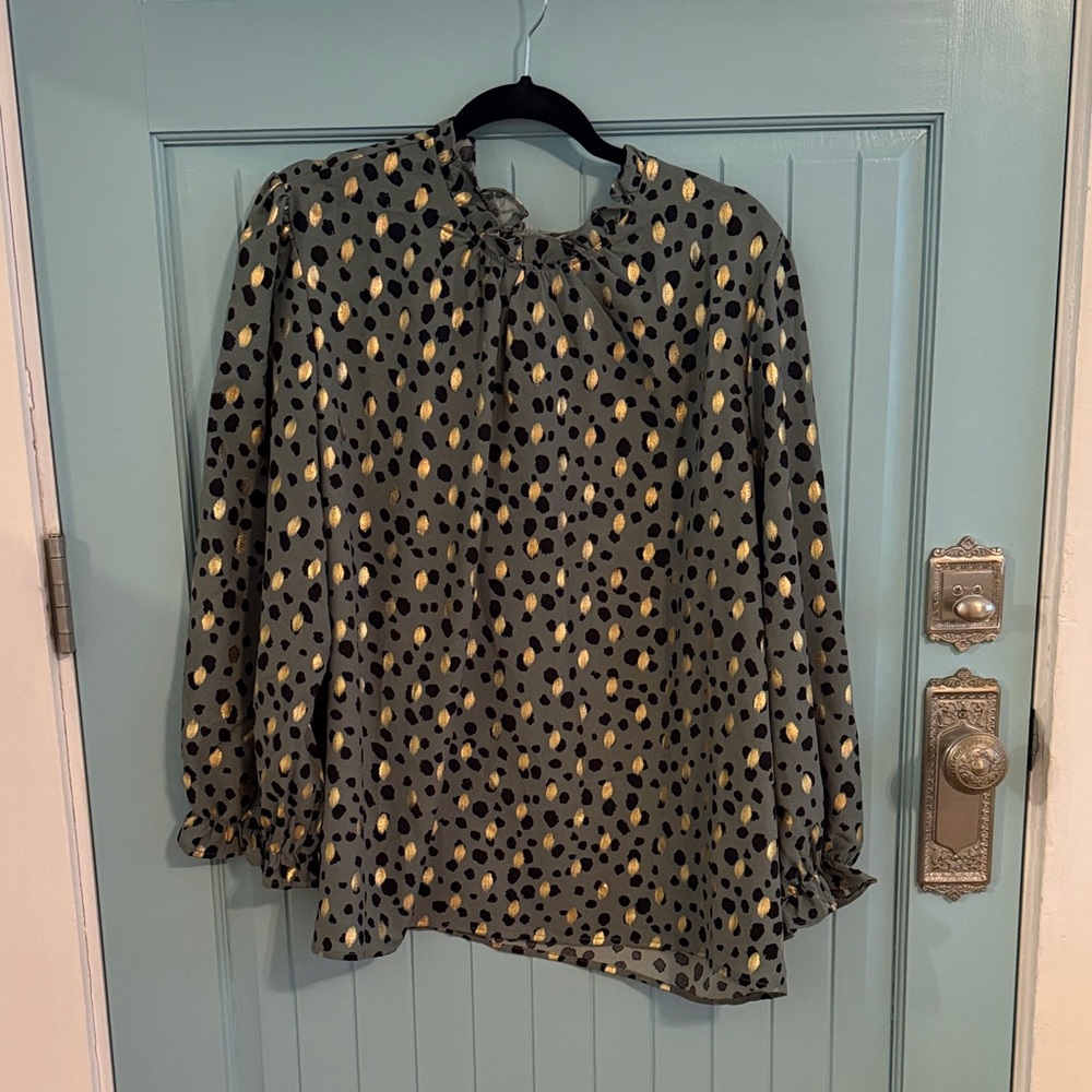 Olive Polka Dot Tie-Neck Blouse with Gold Accents